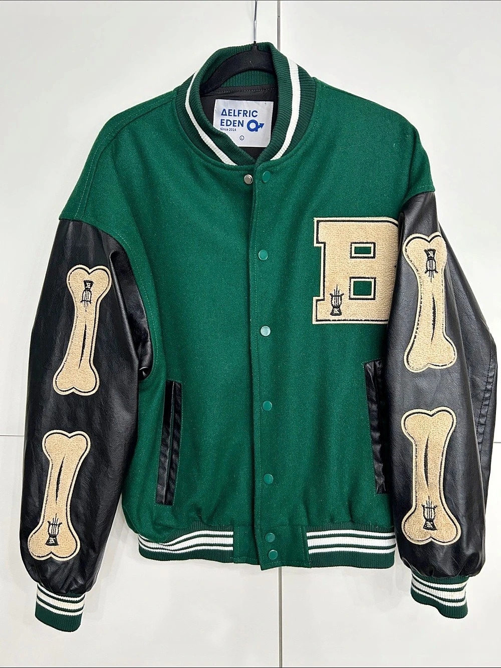Aelfric Eden Vintage Bone Varsity Jacket Green & Black